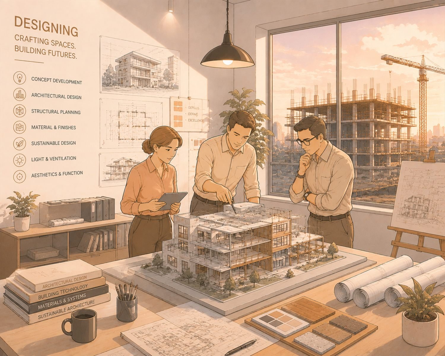 Architects working over a scale model, material samples and structural drawings